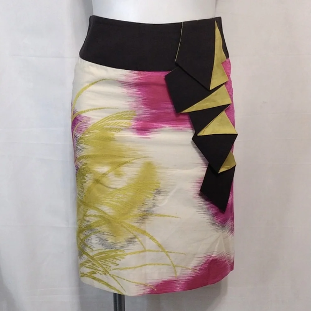 Anthropologie Floreat Abstract Print Ruffled Pencil Skirt Workwear Office Chic 0